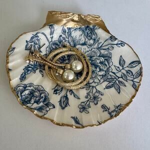 Blue and White Floral Seashell Trinket Dish Chinoiserie Decor